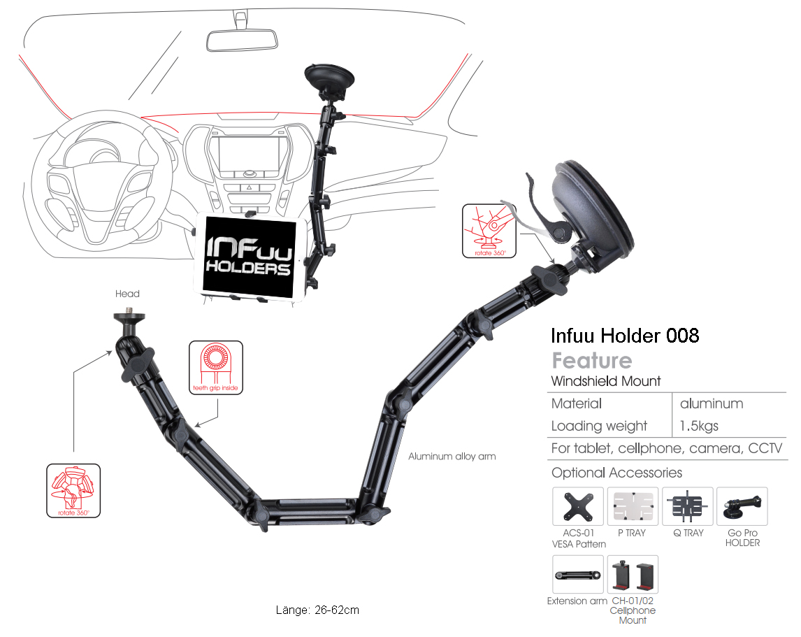 360° Universal KFZ Saugnapf Halterung aus Metall für iPad Tablet-PC für  Scheibe Infuu Holders 008-pro